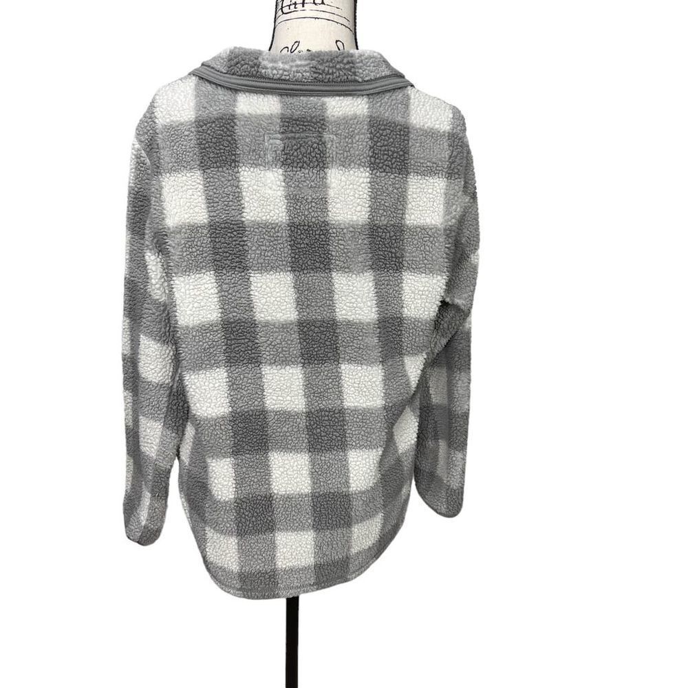 Cozy Sherpa Quarter-Zip Jacket Women's Medium Ivory Grey Gingham Plaid Pullover - Picture 4 of 13
